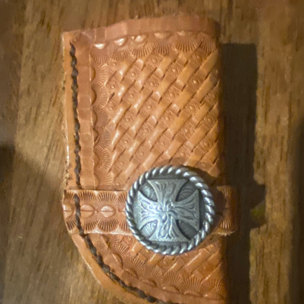 Tooled Leather Wallet with Decorative Silver-Tone Pocket knife case